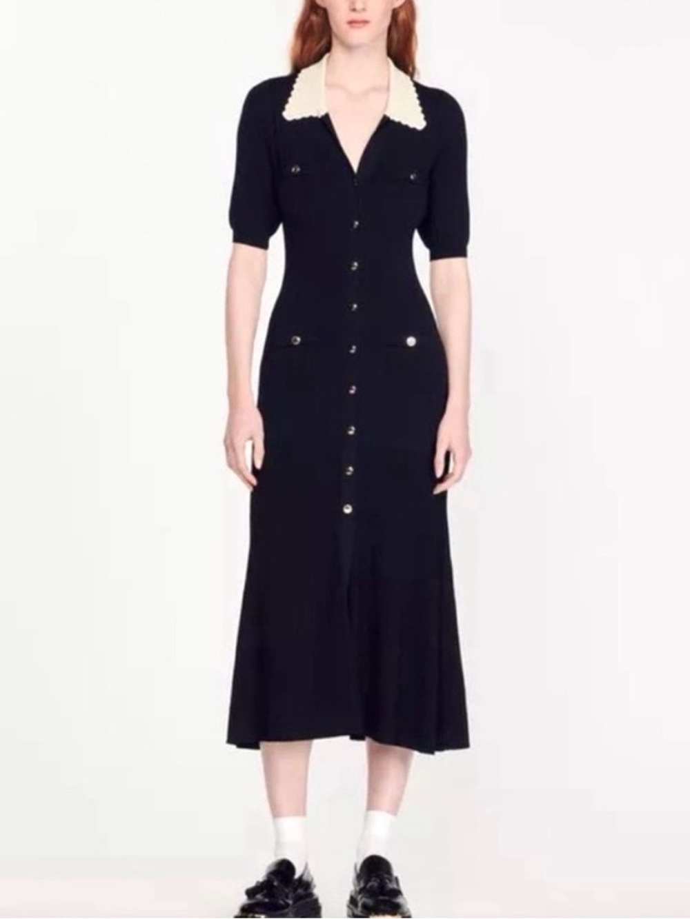 Sandro Lauralie Knit Midi Ribbed Dress Collared Black Size 4 / 6